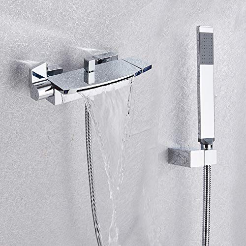 Badewannenarmatur - Wasserfall Wannenbatterie, Wand-Duscharmatur Mit Handbrause,zweigriff Schwarz Modern Messing Wannenarmatur, Mit Keramikkartusche - Wandhalterung, Aufputz Wannenmischer - Dusche Set von Fw