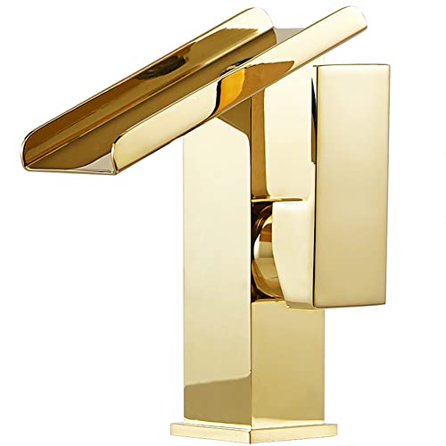 Fw Wasserfall Wasserhahn Bad Einhandmischer Waschtischarmaturen, Moderner Elegant Stil Messing Waschtischarmatur Kaltes Und Heißes Wasser Vorhanden, Keramikventil, Gold von Fw