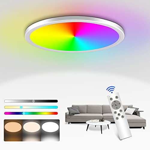 Fwiull 24W LED Deckenleuchte Dimmbar: 3200LM RGB Farbwechsel Deckenlampe mit Fernbedienung, 3000K-6000K Flach Schlafzimmer Lampe Rund für Wohnzimmer Kinderzimmer Badezimmer,IP54 Wasserdicht,Ø30CM von Fwiull
