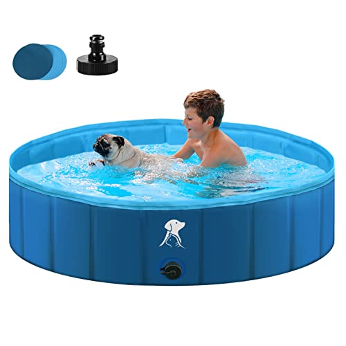 Fwiull Hundepool für Große & Kleine Hunde, Faltbarer Hunde Planschbecken 140 * 30CM Hundebadewanne Stabiler Swimmingpool Haustier Kind Schwimmbecken rutschfest Tragbar Blau von Fwiull