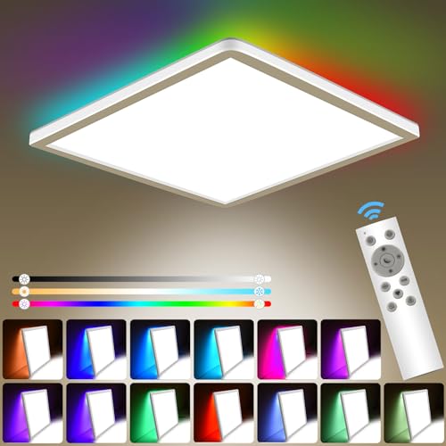 Fwiull LED Deckenleuchte Dimmbar mit Fernbedienung: 25W RGB Farbwechsel LED Deckenlampe Panel 3000K-6500K, 3200LM und 13-Farben Backlight,Quadrat Wasserdicht IP54 für Schlafzimmer Badezimmer Küche von Fwiull