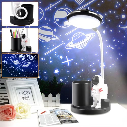 Schreibtischlampe Kinder, Sternenhimmel Projektor LED Nachttischlampe 360° Verstellbar Schwanenhals Leselicht Helligkeit kann Angepasst Werden mit Stifthalter kinderzimmer Tischlampe Kind Geschenke von Fwiull