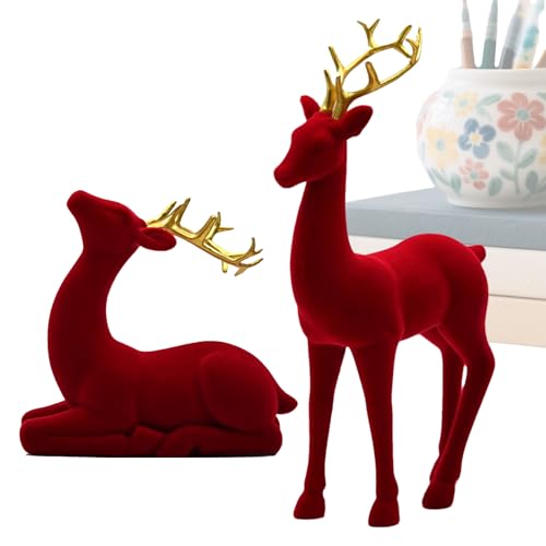 FxaumsGxuk Rentier Weihnachtsdeko | Beflockte Rentier-Figuren,2 Stück Rote Und Grüne Ästhetische Stehende Und Sitzende Hirsch Statue Für Wohnzimmer Arbeitsplatz Nachttisch von FxaumsGxuk