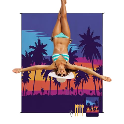FxaumsGxuk Strandpicknickdecke, tragbare Picknickdecke | 86.61x70.87 Zoll wasserdichte Picknickmatte | Windprofa Bodenteppich leichtes Campingkissen mit 4 Ecktaschen und 4 Stiften für die Entspannung von FxaumsGxuk