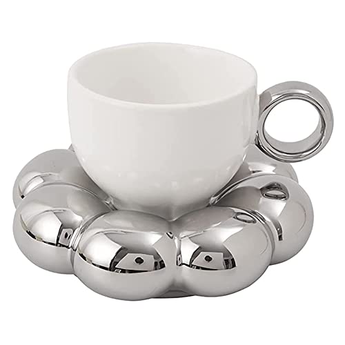 Fxndknjks Kaffeetasse und Untertasse, , niedliche Tasse und Untertasse, Keramik-Kaffeetasse mit Sonnenblumen-Untertasse, Latte-Tassen, 190 ml, Silber von Fxndknjks