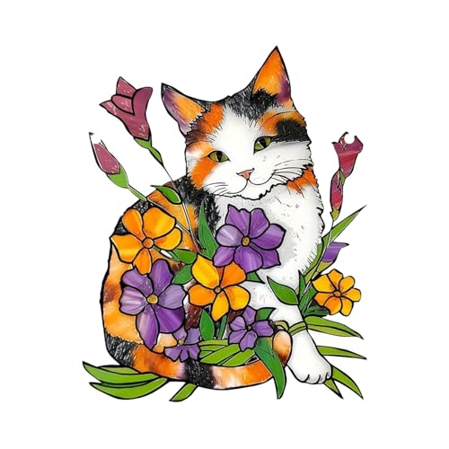 Bezauberndes Sonnenfänger-Ornament aus Acryl mit gelbem Katzen- und Blumen-Design zum Aufhängen ​​ Wandgestaltung Büro​ (Orange, 15X12cm) von Fycakly