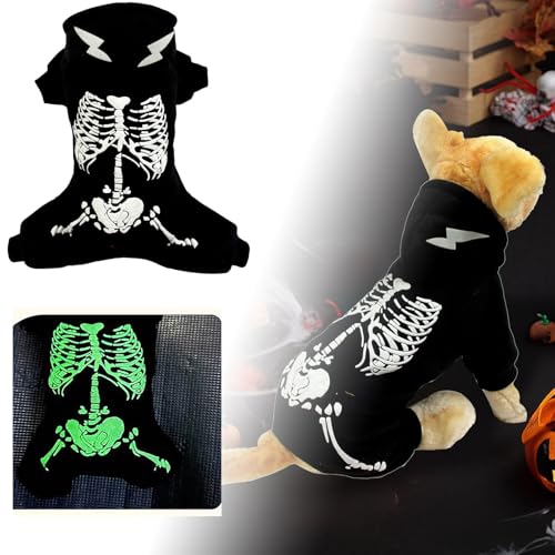 Fycakly Hundekleider Elektrischer Drache, Halloween-Haustierkleidung, lustige vierbeinige Kleidung, Bedruckte leuchtende Skelett-Hundekleidung, Hunde-Halloween-Kostüme (schwarz) (A, S) von Fycakly