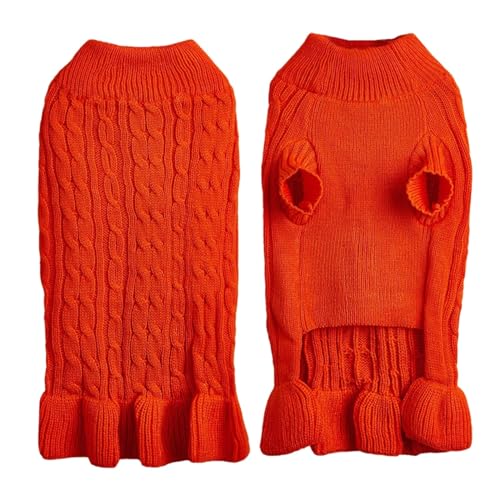 Fycakly Hundekleidung Kleine Hunde Rollkragenpullover, warm, elegant, Seil, Haustierpullover, Stretch-Strick-Pulloverkleid mit Rüschen (Orange, XL) von Fycakly