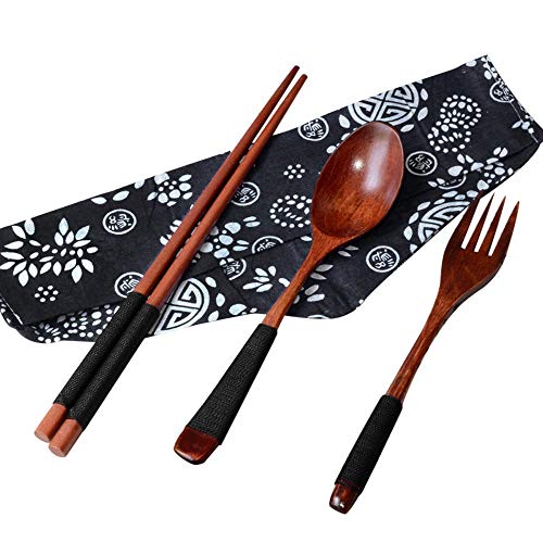 Japanische Vintage Holz Essstäbchen Löffel Gabel Geschirr 3er Set Neues Geschenk festtagsgedeck ( Brown, One Size) von Fycakly