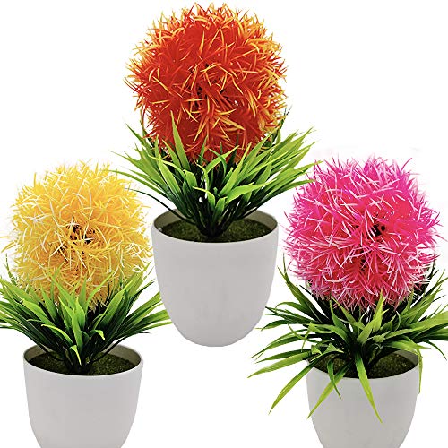 Fycooler Blumen Bonsai Kunstpflanze Orange Gelb Rosa - Künstlichen grünen Gras Pflanzen in Töpfen, kleine dekorative Faux Plastik Pflanzen,Ideal für Heim Büro Bad Küche und Outdoor Deko - 3 Packungen von Fycooler