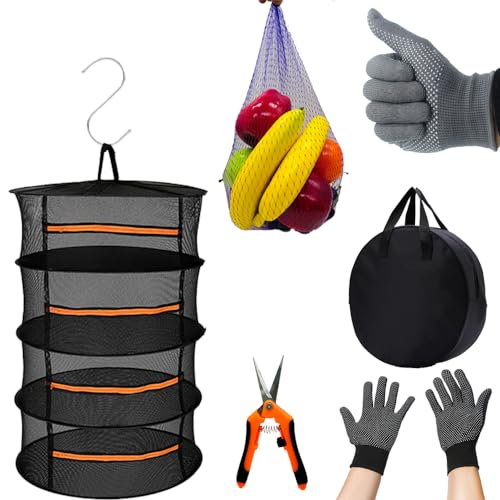 Fycooler Trockennetz Kräuter Schwarz, faltbar 4-lagiges Kräutertrockner Hängend mit mit Gartenhandschuhe, Baumschere, Haken, Kräutertrockner Hängend, Mesh Trockennetz für Pflanze, Fleisch, Blumen von Fycooler