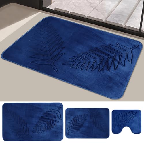 Fycyko 3 Stück Badvorleger,3 Stück Bad Teppiche Set, Badezimmerteppich, Badematte mit Blättermuster,WC Vorleger mit Ausschnitt Marineblau von Fycyko