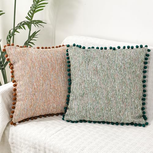 Fycyko Kissenbezug, Dekorativer Kissenbezug 2er Set 45 x 45 cm mit Pompoms, Premium Farben und Ultra-weiches Gewebe, für Sofa, Schlafzimmer, Wohnzimmer, Auto-Braun/Grün von Fycyko
