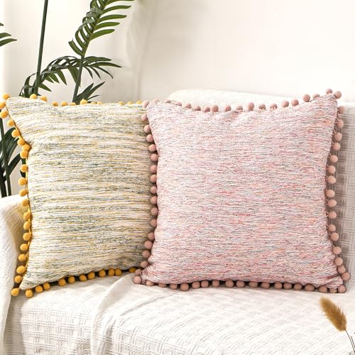 Fycyko Kissenbezug, Dekorativer Kissenbezug 2er Set 45 x 45 cm mit Pompoms, Premium Farben und Ultra-weiches Gewebe, für Sofa, Schlafzimmer, Wohnzimmer, Auto-Rosa/Gelb von Fycyko