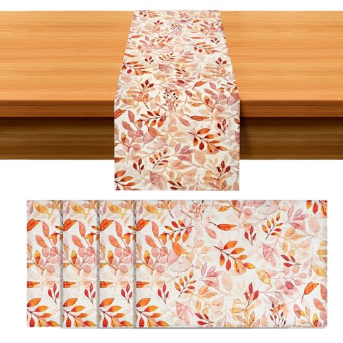 Fycyko Tischläufer Orange und Vier Platzsets Herbst, Herbstdeko für Innen und Tischdeko Outdoor Platzsets Tischläufer Abwaschbar Tischset für Weihnachten Party Geburtstag von Fycyko