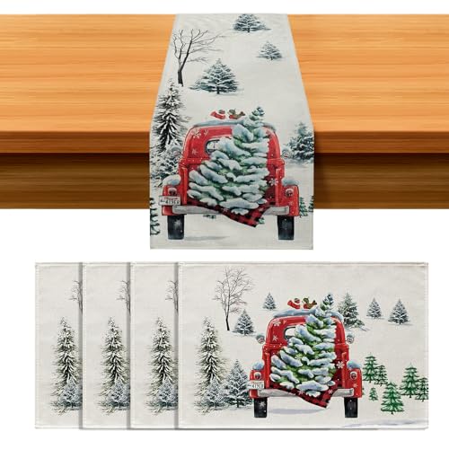 Fycyko Tischläufer Weihnachten und Vier Platzsets, Weihnachtsbaum Tischläufer Winter Tischdeko Weihnachten Abwaschbar Tischset für Weihnachten Party Geburtstag von Fycyko
