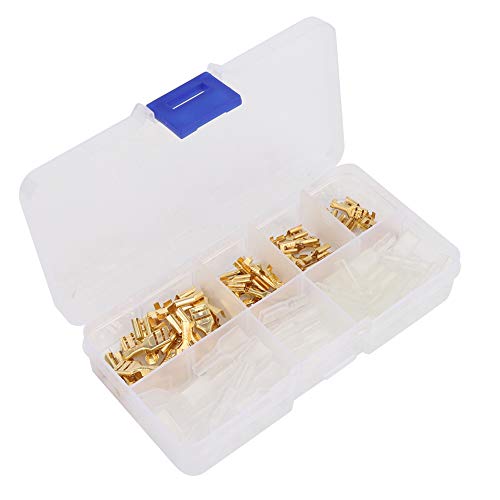 Fydun 120 Stück 6,3 Mm 4,8 Mm 2,8 Mm Goldkupferdraht-Anschlussklemmenstecker mit Hülsen-Aufbewahrungsbox-Zubehör für Elektrische Verkabelung (120pcs Goldene Feder mit Scheide) von Fydun