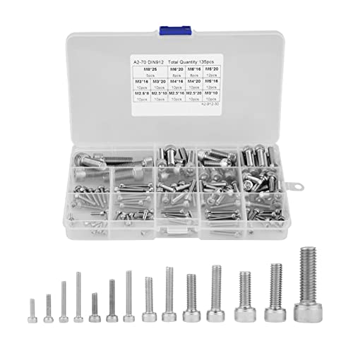 Schrauben Set, Fydun Sechskantkopf Bolzen 135 M2,5 M3 M4 M5 M6 M8 304 Edelstahl Zylinder Sechskantschrauben Innensechskant Satz mit Aufbewahrung Box von Fydun