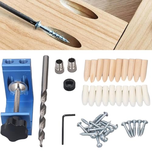 Schrägloch Stanzvorrichtung Set, 46Pcs Pocket Hole Jig Kit Holzarbeit Tasche Dübel Loch Jig + Bohrer + Dübel, Aluminiumlegierung Schrägloch Führungen Gelenk Winkel Werkzeug von Fyearfly