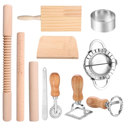 11 Stück Nudelherstellung Set Holz Nudelholz Gnocchi Brett Teigschaber Fülllöffel Rollenschneider Raviolibrett Praktisches Zubehör für Nudelherstellung Küche DIY Geschenk von Fyeme