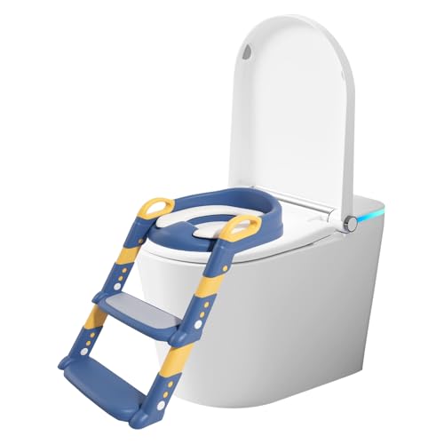 2 in 1 Toilettensitz Kinder mit Treppe Verstellbar Höhe Toilettentrainer Mit Treppe mit Trittstufe Sitzpolster Rutschfestes Pedal Leicht Tragen Abnehmbar Toilettentreppe für Baby (Blau) von Fyeme