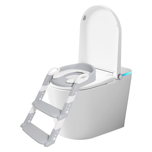 2 in 1 Toilettensitz Kinder mit Treppe Verstellbar Höhe Toilettentrainer Mit Treppe mit Trittstufe Sitzpolster Rutschfestes Pedal Leicht Tragen Abnehmbar Toilettentreppe für Baby (Grau) von Fyeme