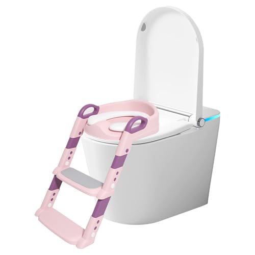 2 in 1 Toilettensitz Kinder mit Treppe Verstellbar Höhe Toilettentrainer Mit Treppe mit Trittstufe Sitzpolster Rutschfestes Pedal Leicht Tragen Abnehmbar Toilettentreppe für Baby (Rosa) von Fyeme