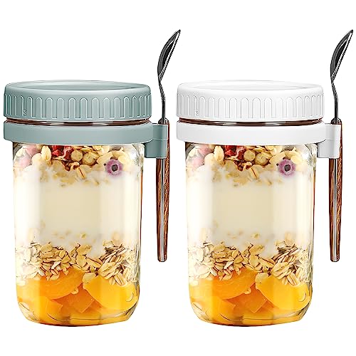 2er Set Overnight Oats Container Glas Müslibecher to go mit Löffel 600 ml Joghurtbecher to go Becher Mit Deckle Müsli Luftdicht Behälter für Jogurt Müsli Mepal Porridge Milch Früchte von Fyeme