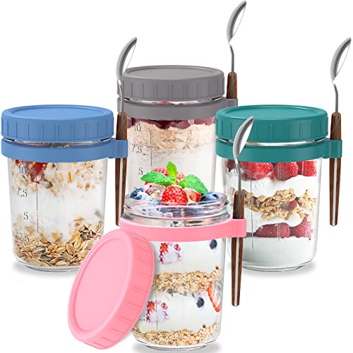 4er Set Overnight Oats Container Overnight Oats Gläser to go mit Löffel 300 ml Joghurtbecher to go Becher Mit Deckle Müsli Luftdicht Behälter für Jogurt Müsli Mepal Porridge Milch Früchte von Fyeme