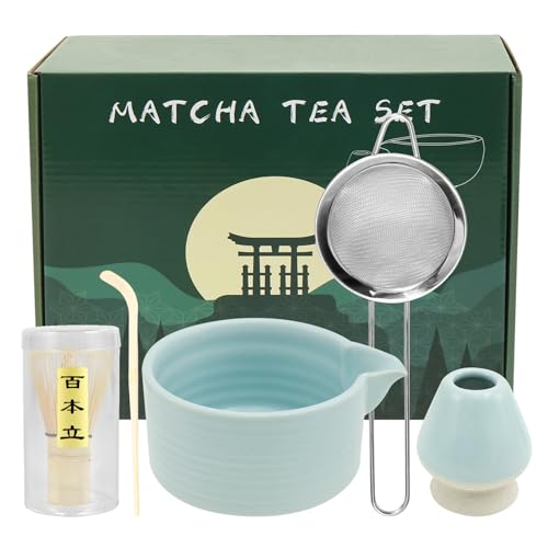 5 Stück Macha Tea Set 550ml Matcha Besen Set mit Aufschäumer Teelöffel Löffelhalter Pulversieb Matcha Tee Set Geschenk für Matcha-Liebhaber (Hellblau) von Fyeme