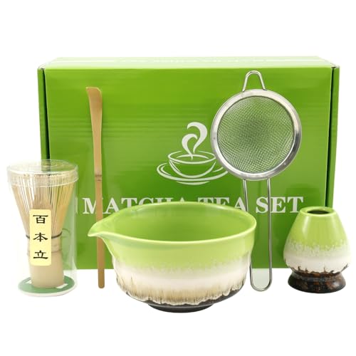 5 Stück Macha Tea Set 550ml Matcha Besen Set mit Aufschäumer Teelöffel Löffelhalter Pulversieb Matcha Tee Set Geschenk für Matcha-Liebhaber (Matcha Farbe) von Fyeme