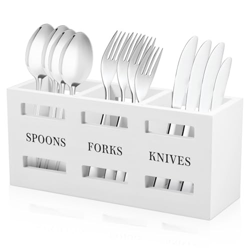 Besteckkorb Holz 25,5x8,5x11,5cm Besteckhalter mit 3 Fächer Robust Landhausstil Arbeitsplatte Küchenutensilienhalter Küchen Zubehör für Gabeln Löffel Messer (weiß) von Fyeme