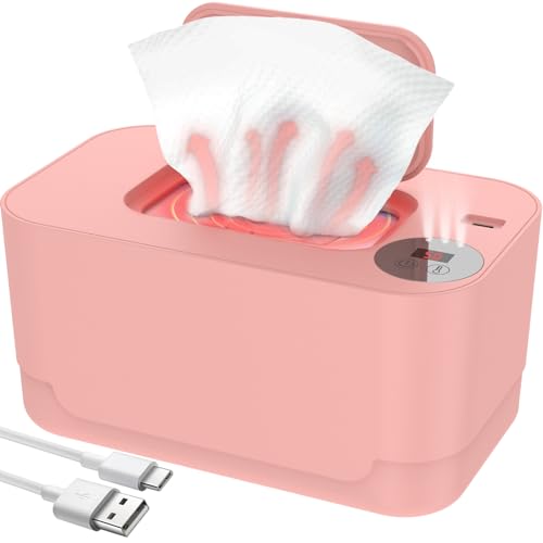 Feuchttücher Wärmer Wischtücher Wärmer Baby Wipe Warmer USB mit Nachtlicht Aufladung Zu allen Jahreszeiten Erhältlich 80 Ziehungen Leicht zu Tragen mit LED-Display (Rosa) von Fyeme