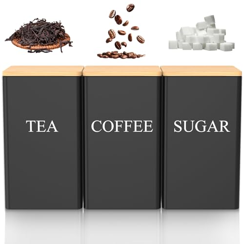 Fyeme 3 Teiliges Vorratsdosen Set Kaffee Tee Zucker 1L Tee Aufbewahrungsbox mit Abdeckung Quadrat Erkennbar Kaffeedose Luftdicht zur Aufbewahrung von Kaffee Tee Zucker Mehl Getreide Snacks (Schwarz) von Fyeme