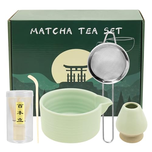5 Stück Macha Tea Set 550ml Matcha Besen Set mit Aufschäumer Teelöffel Löffelhalter Pulversieb Matcha Tee Set Geschenk für Matcha-Liebhaber (Grün) von Fyeme
