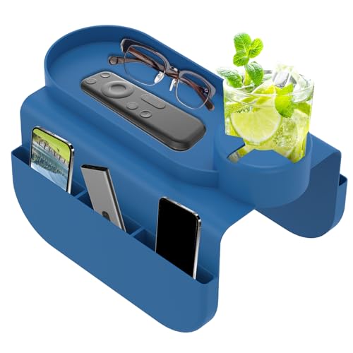 Fyeme Couch Getränkehalter Silikon 1+3 Kombination Aufbewahrungstasche Design mit Getränkehalter rutschfeste Sofa-Armlehne 2 Stück Seitentasche für Tablet Handy Snacks Verschiedene Becher (Blau) von Fyeme