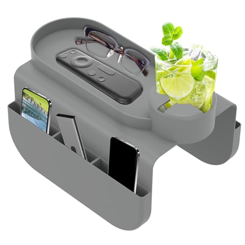 Fyeme Couch Getränkehalter Silikon 1+3 Kombination Aufbewahrungstasche Design mit Getränkehalter rutschfeste Sofa-Armlehne 2 Stück Seitentasche für Tablet Handy Snacks Verschiedene Becher (Grau) von Fyeme