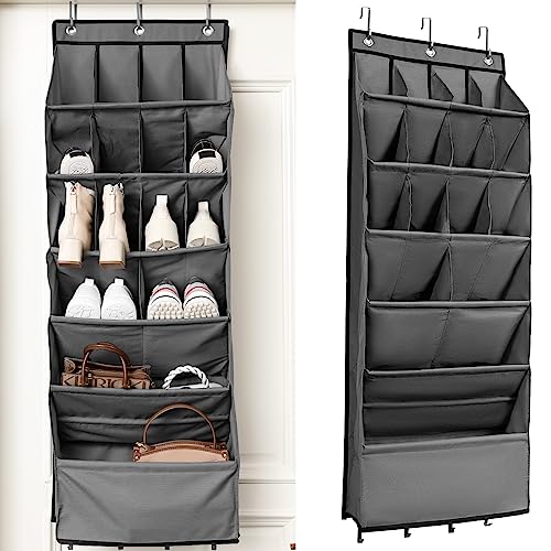 Fyeme Hängende Schuhgestell Schuhregal Tür Hängend 16 Taschen Hängen Aufbewahrungsablagerung mit 3 Haken 600D Oxford-Stoff Organizer über der tür für Schuhe für Schlafzimmer Badezimmer Schrank (grau) von Fyeme