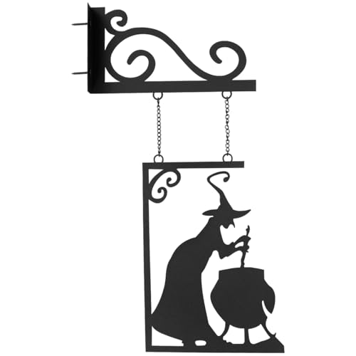 Fyeme Halloween Metallschild Hexenform Eisen Witch Kessel Silhouette Wand Wandmale gruselige mysteriöse Hexe Hanging Signage Horror Dekorative Hängsschild Ornament für Halloween Party Wohnzimmerschran von Fyeme