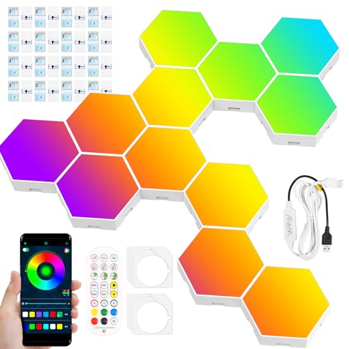 Fyeme LED Sechseck Gaming Wandleuchte LED Sechseck Gaming Wandleuchte mit Fernbedienung Bluetooth-Musikmodus LED Magic Panel für Gaming/Party/Wohnzimmer Deko (12 PCS) von Fyeme