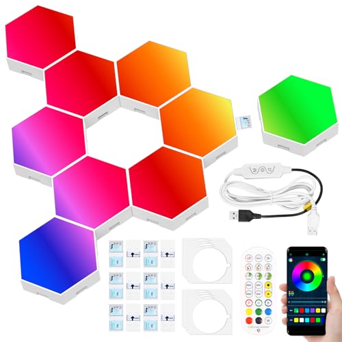 Fyeme LED Sechseck Gaming Wandleuchte LED Sechseck Gaming Wandleuchte mit Fernbedienung Bluetooth-Musikmodus LED Magic Panel für Gaming/Party/Wohnzimmer Deko (8 PCS) von Fyeme