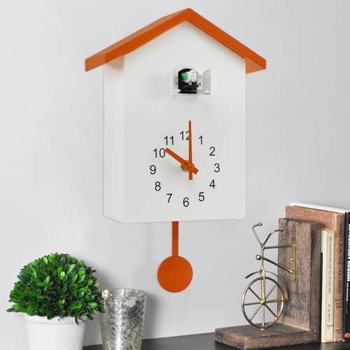 Fyeme Moderne Kuckucksuhr Wanduhr Kuckucksuhr mit Vogelstimme Moderne Kuckucksuhr mit Pendel 25 x 20 x 9 cm für Zuhause Wohnzimmer Küche Büro Dekor (orange+weiß) von Fyeme