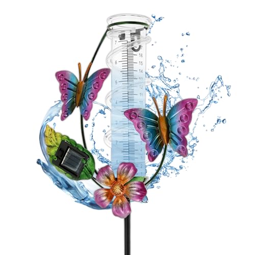 Fyeme Regenmesser für Garten 21×5.5×69cm Regenmesser Mit Erdspieß Schmetterling Design Solarleuchten Abnehmbar Regenwassermesser als Niederschlagsmesser Gartendekoration Verwendet Werden von Fyeme