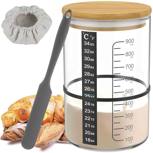 Fyeme Sauerteig Starterglas Sauerteig-Starter-Set für Sauerteigbrot Backzubehör mit Waage Markierungsband Deckel Stoffabdeckung Temperaturpapier Rührstab 900ml Sauerteig Starter Set Glas (6 Stücke) von Fyeme