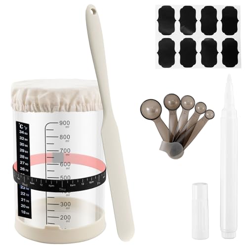 Fyeme Sauerteig Starterglas Set 1L Sourdough Starter Jar Kit mit Deckel Gummiband Thermometerpapier Schaber Stoffhut Etikett und Stift Sauerteig Glas Löffel zum Backen Von Sauerteigbrot (Stil 2) von Fyeme