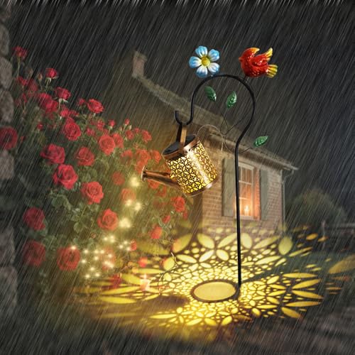 Fyeme Solar Giesskanne für Außen mit Wasserfall LED Lichter Solarlampen für Außen Garten mit Ständer Blumen Vogelmusterdesign Gartendeko für Draußen Wetterfest für Garten Hof Rasen von Fyeme