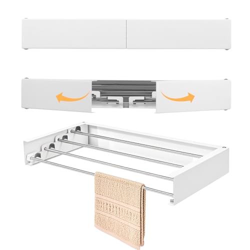 Fyeme Wäscheständer Wandmontage 50×25×7.3cm Wäscheständer Ausziehbar Wand mit 4 Pole Edelstahl Wäschetrockner Wand zum Kleiderständer Handtuchständer Schrankständer Schuhständer von Fyeme