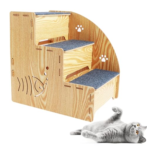 Haustiertreppe für Kleine Hunde 13,78 Zoll Holz Hundebett Rampe Dreischichtiger Aufbau Abnehmbar rutschfest für Sofa Niedriges Bett für Ältere Katzen Hunde von Fyeme