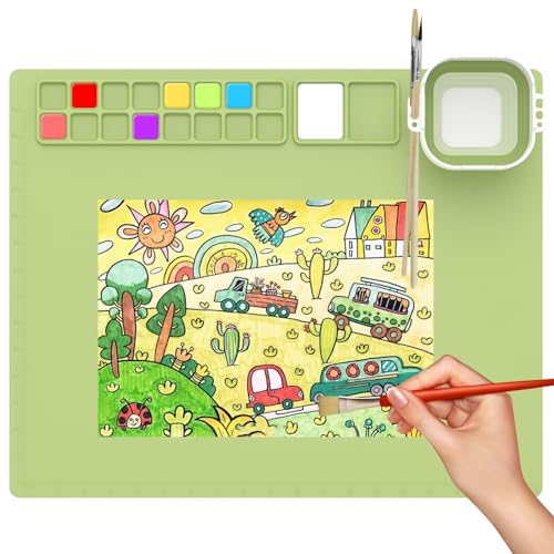 Malmatte Silikon Kinder Silicone Painting Mat 50 X 40 CM mit Pigmentbereich und Bürstenhalter Wasserbecher Mit Messskala Silikonmatte für Kunsthandwerk Bastelunterlage Silikon Kinder (Grün) von Fyeme