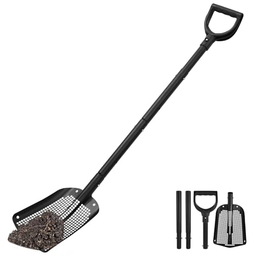 Siebschaufel Aluminiumlegierung Schaufelbreite 20cm mit Siebloch 59-118cm Einstellbar Griff Langer Robust Korrosionsbeständig für Strandschatzsuche Familie Scheune Hühnerstall von Fyeme